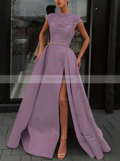 A-line High Neck Satin Sweep Train Beading Prom Dresses #Favs020106952