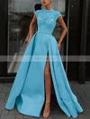 A-line High Neck Satin Sweep Train Beading Prom Dresses #Favs020106952