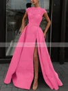 A-line High Neck Satin Sweep Train Beading Prom Dresses #Favs020106952