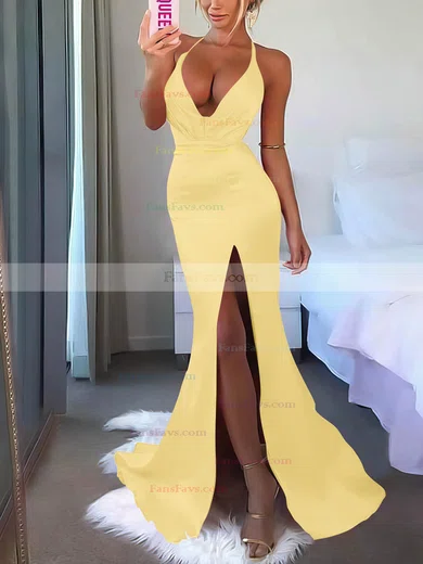 V-neck Silk-like Satin Sweep Train Split Front Prom Dresses #Favs020106953