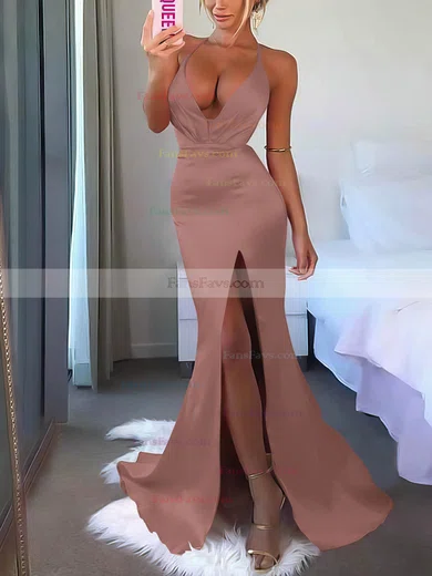 V-neck Silk-like Satin Sweep Train Split Front Prom Dresses #Favs020106953