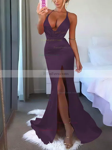 V-neck Silk-like Satin Sweep Train Split Front Prom Dresses #Favs020106953