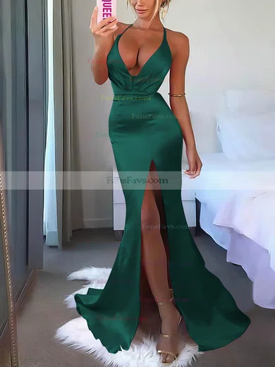 V-neck Silk-like Satin Sweep Train Split Front Prom Dresses #Favs020106953