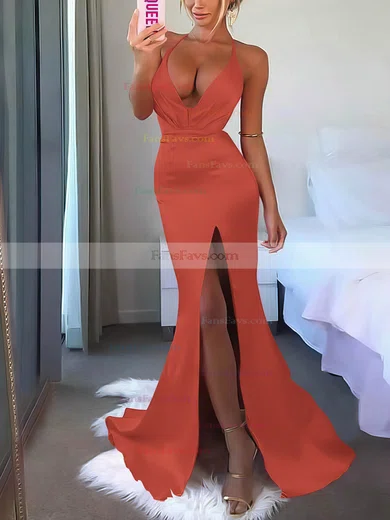 V-neck Silk-like Satin Sweep Train Split Front Prom Dresses #Favs020106953