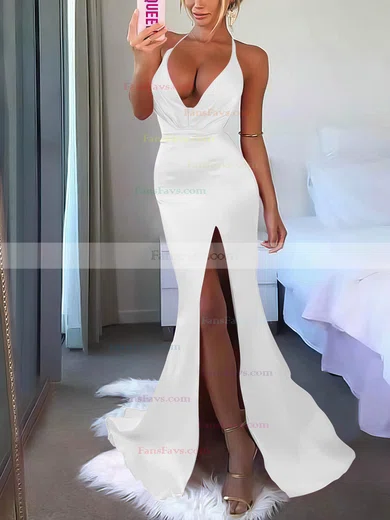 V-neck Silk-like Satin Sweep Train Split Front Prom Dresses #Favs020106953