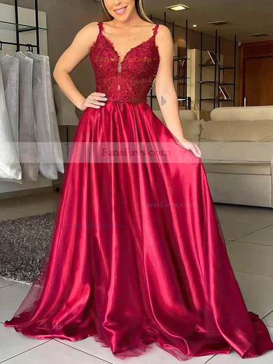 A-line V-neck Tulle Silk-like Satin Sweep Train Appliques Lace Prom Dresses #Favs020106954