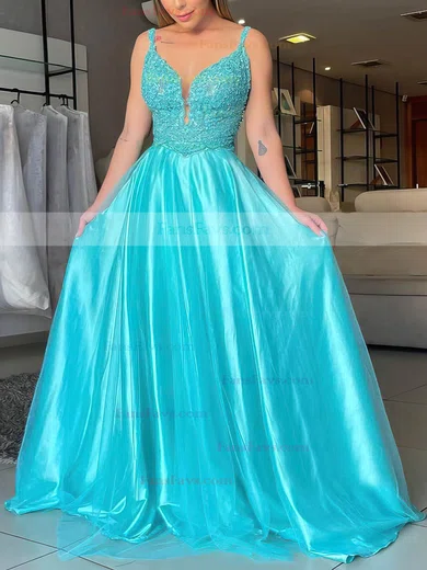 A-line V-neck Tulle Silk-like Satin Sweep Train Appliques Lace Prom Dresses #Favs020106954
