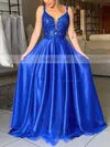 A-line V-neck Tulle Silk-like Satin Sweep Train Appliques Lace Prom Dresses #Favs020106954