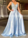 A-line V-neck Tulle Silk-like Satin Sweep Train Appliques Lace Prom Dresses #Favs020106954