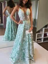 A-line V-neck Tulle Sweep Train Appliques Lace Prom Dresses #Favs020106955