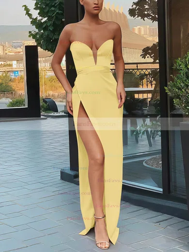 A-line Strapless Silk-like Satin Floor-length Split Front Prom Dresses #Favs020106958