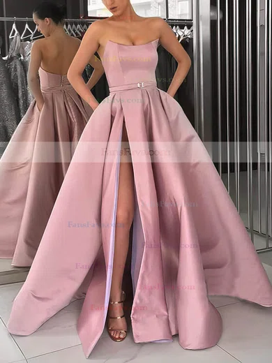 A-line Strapless Satin Sweep Train Sashes / Ribbons Prom Dresses #Favs020106959