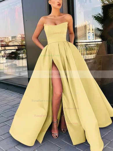 A-line Strapless Satin Sweep Train Sashes / Ribbons Prom Dresses #Favs020106959