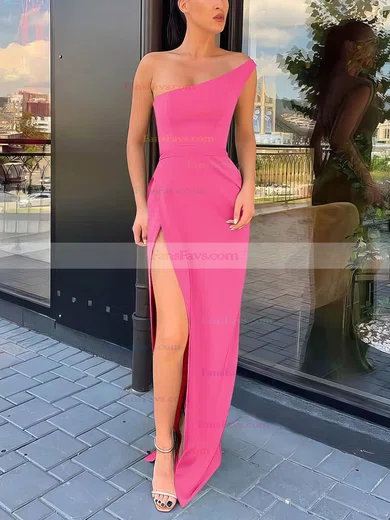 Sheath/Column One Shoulder Silk-like Satin Sweep Train Split Front Prom Dresses #Favs020106965