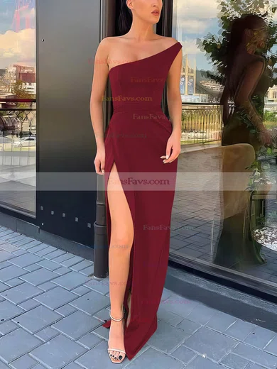 Sheath/Column One Shoulder Silk-like Satin Sweep Train Split Front Prom Dresses #Favs020106965