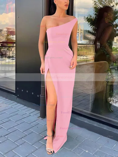 Sheath/Column One Shoulder Silk-like Satin Sweep Train Split Front Prom Dresses #Favs020106965