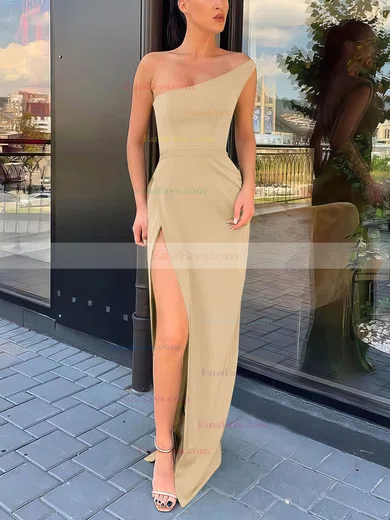 Sheath/Column One Shoulder Silk-like Satin Sweep Train Split Front Prom Dresses #Favs020106965