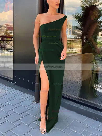 Sheath/Column One Shoulder Silk-like Satin Sweep Train Split Front Prom Dresses #Favs020106965