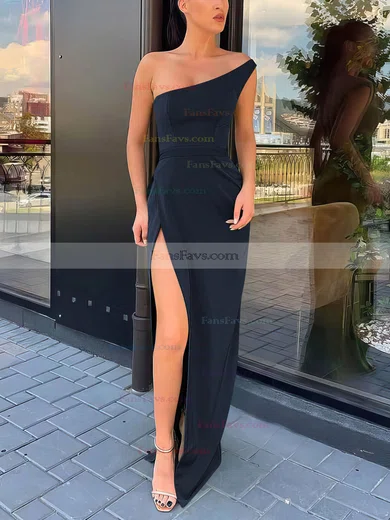 Sheath/Column One Shoulder Silk-like Satin Sweep Train Split Front Prom Dresses #Favs020106965