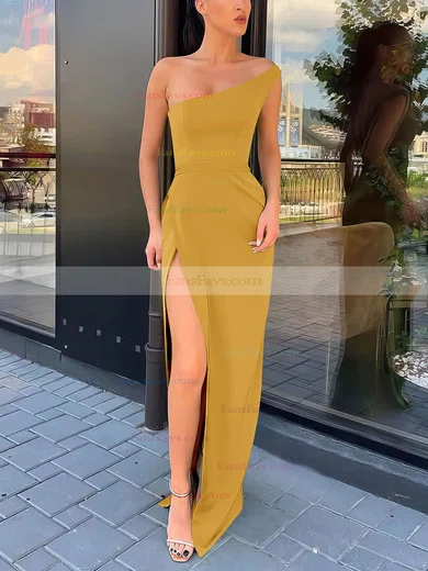 Sheath/Column One Shoulder Silk-like Satin Sweep Train Split Front Prom Dresses #Favs020106965