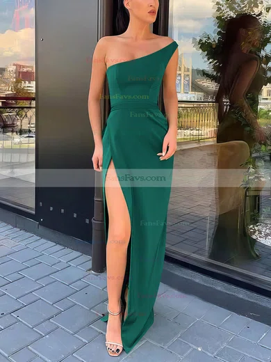 Sheath/Column One Shoulder Silk-like Satin Sweep Train Split Front Prom Dresses #Favs020106965