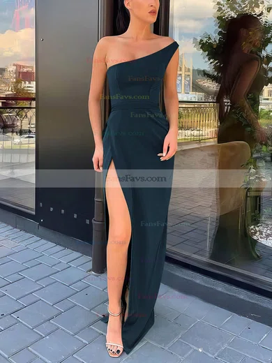 Sheath/Column One Shoulder Silk-like Satin Sweep Train Split Front Prom Dresses #Favs020106965