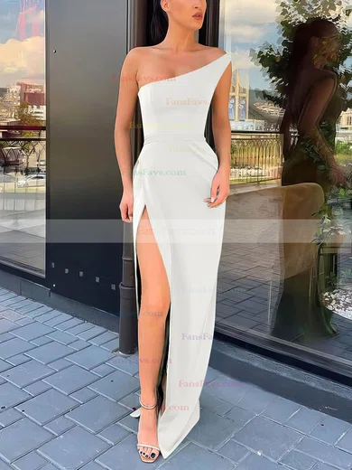 Sheath/Column One Shoulder Silk-like Satin Sweep Train Split Front Prom Dresses #Favs020106965