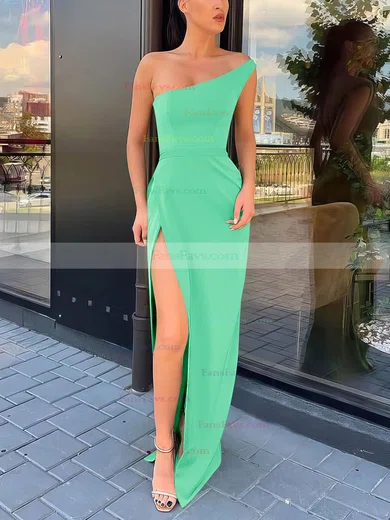 Sheath/Column One Shoulder Silk-like Satin Sweep Train Split Front Prom Dresses #Favs020106965