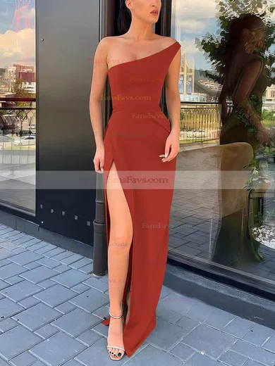 Sheath/Column One Shoulder Silk-like Satin Sweep Train Split Front Prom Dresses #Favs020106965