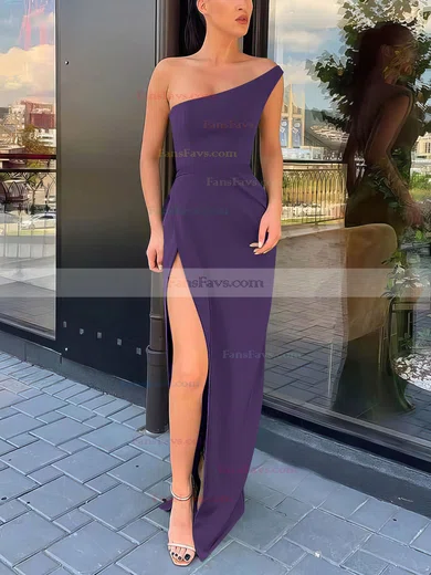 Sheath/Column One Shoulder Silk-like Satin Sweep Train Split Front Prom Dresses #Favs020106965
