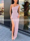 Sheath/Column One Shoulder Silk-like Satin Sweep Train Split Front Prom Dresses #Favs020106965