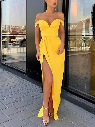 Sheath/Column Off-the-shoulder Silk-like Satin Sweep Train Split Front Prom Dresses #Favs020106966