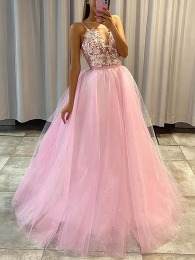 A-line V-neck Glitter Detachable Appliques Lace Prom Dresses #Favs020106969