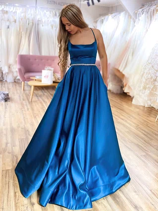 A-line Square Neckline Satin Sweep Train Beading Prom Dresses #Favs020106975 A-line Square Neckline Satin Sweep Train Beading Prom Dresses #Favs020106975