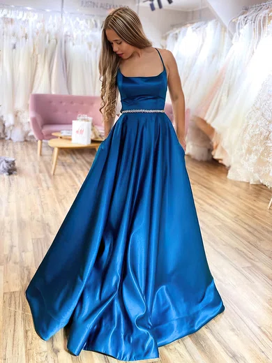 A-line Square Neckline Satin Sweep Train Beading Prom Dresses #Favs020106975