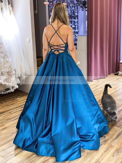 A-line Square Neckline Satin Sweep Train Beading Prom Dresses #Favs020106975