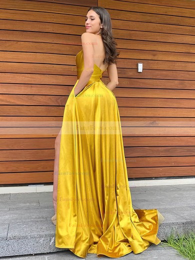 A-line Halter Silk-like Satin Sweep Train Pockets Prom Dresses #Favs020106978