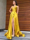 A-line Halter Silk-like Satin Sweep Train Pockets Prom Dresses #Favs020106978