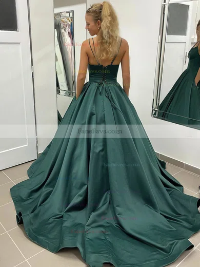 Ball Gown V-neck Satin Court Train Pockets Prom Dresses #Favs020106979