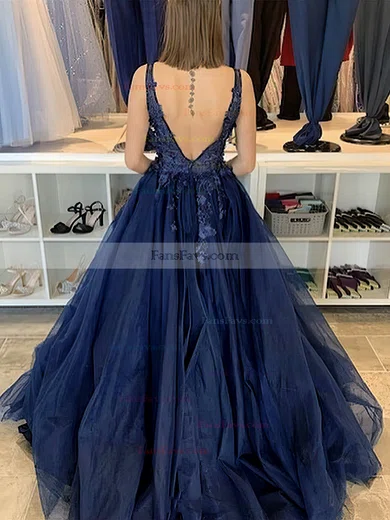 Ball Gown V-neck Tulle Sweep Train Appliques Lace Prom Dresses #Favs020106981