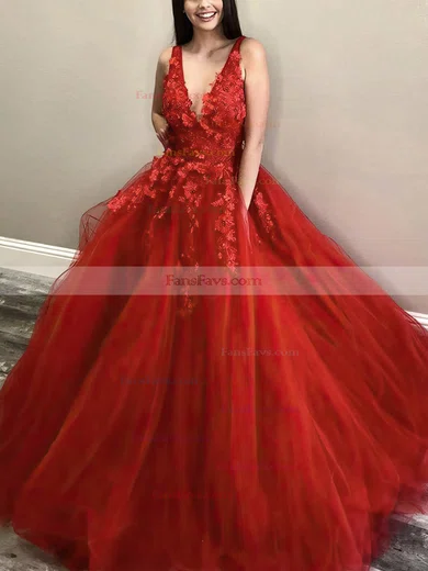 Ball Gown V-neck Tulle Sweep Train Appliques Lace Prom Dresses #Favs020106981