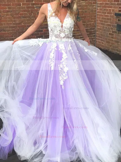 Ball Gown V-neck Tulle Sweep Train Appliques Lace Prom Dresses #Favs020106981