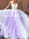 Ball Gown V-neck Tulle Sweep Train Appliques Lace Prom Dresses #Favs020106981