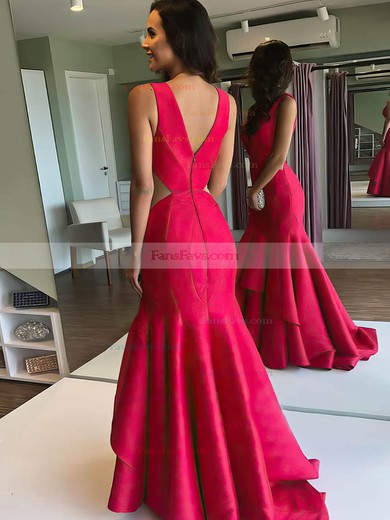 Trumpet/Mermaid V-neck Silk-like Satin Sweep Train Tiered Prom Dresses #Favs020106983