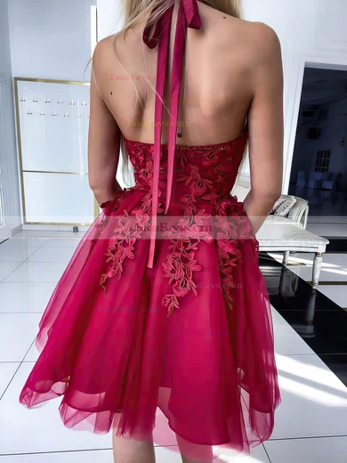A-line Halter Tulle Short/Mini Appliques Lace Prom Dresses #Favs020106984