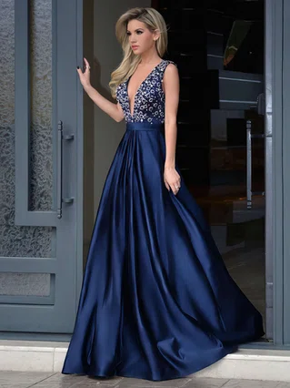 A-line V-neck Satin Sweep Train Beading Prom Dresses #Favs020103534
