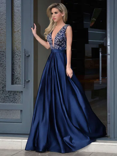 A-line V-neck Satin Sweep Train Beading Prom Dresses #Favs020103534