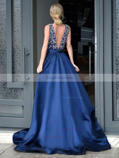 A-line V-neck Satin Sweep Train Beading Prom Dresses #Favs020103534