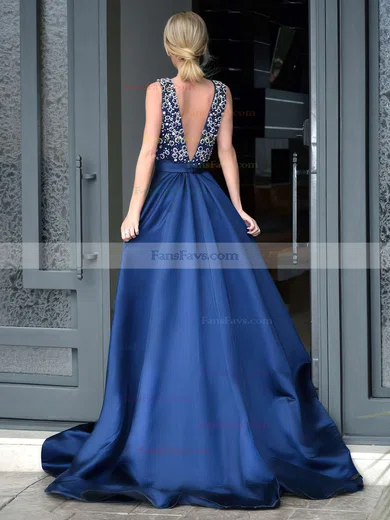 A-line V-neck Satin Sweep Train Beading Prom Dresses #Favs020103534
