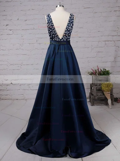 A-line V-neck Satin Sweep Train Beading Prom Dresses #Favs020103534